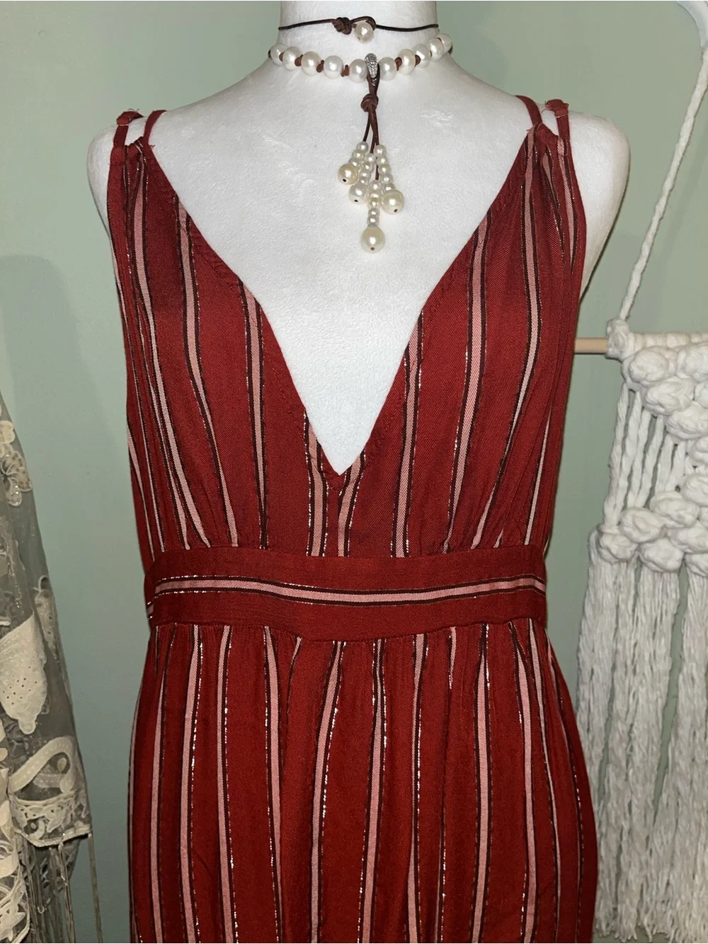 Adjustable Straps V-Neck Striped Maxi Dress in Deep Burgundy - Picture 2 of 12